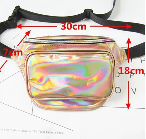 75 peças bolsa de cintura a laser translúcida à prova d'água arco-íris holograma pu metálico sacos de praia