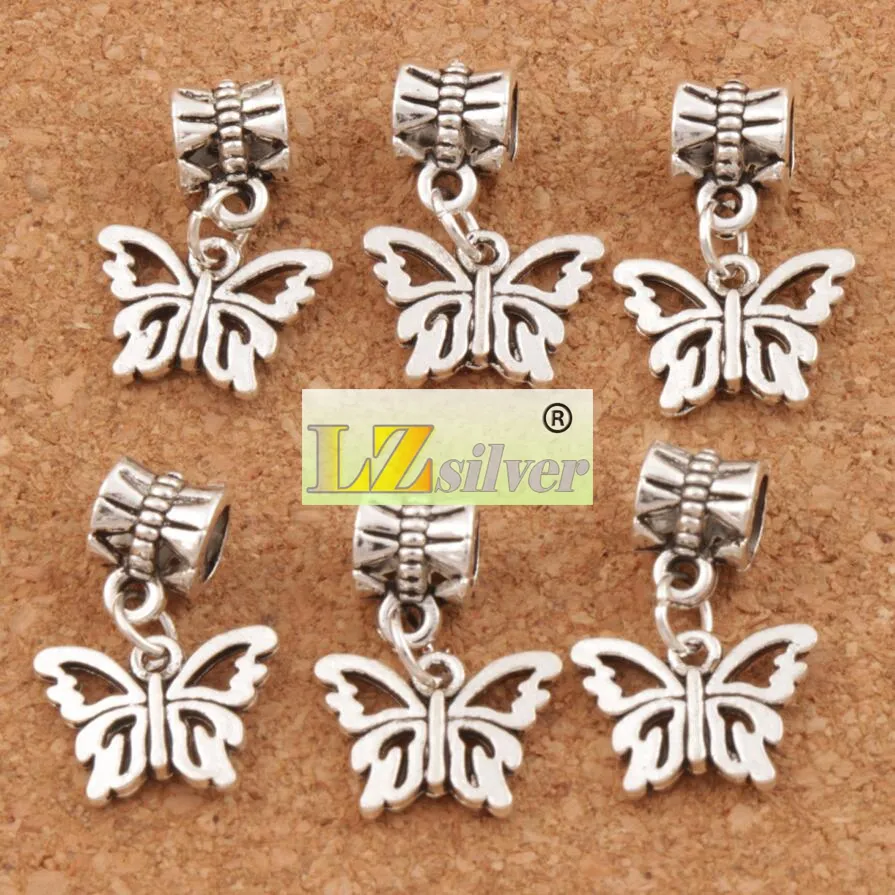 Open Bloem Papilio Butterfly Big Hole Kralen 100 stks / partij Antiek Zilver Fit Europese Charme Armbanden Sieraden DIY B1108 15x30mm