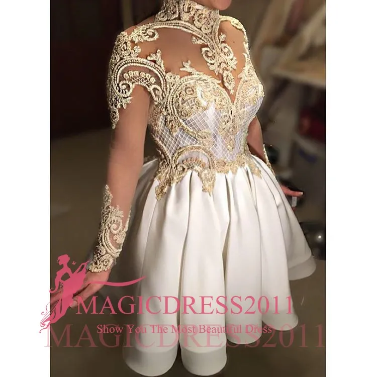 Małe Białe Dresses 2019 Suknia Balowa Wysoka Neck Prom Homecoming Dress Illusion Bodice Długie Rękawy Gold Lace Cocktail Night Club