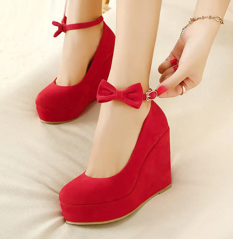 검은 bowtie plarform wedges womens 빨간 발목 스트랩 하이힐 결혼식 신발 2 색 35-39 사이즈