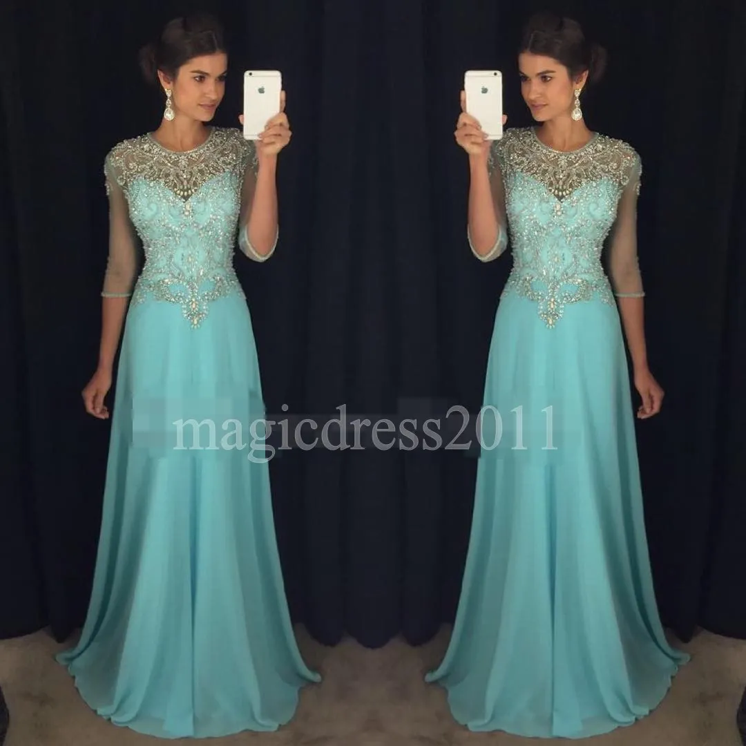 Chic Blue Prom Avondjurken 2019 A-lijn Sheer Neck Rhinestones Major Beaded 3 / 4Long Mouwen Chiffon Formal Party Jurken Prom Dress