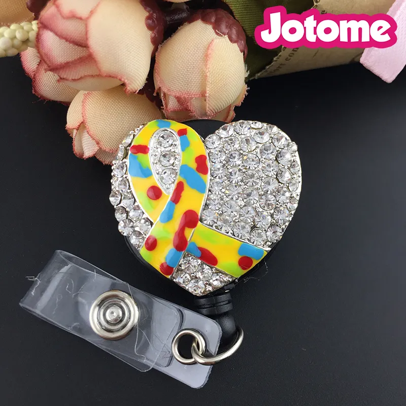 Strass rose/violet/blanc/orange/autisme ruban coeur rétractable Badge bobine/ID porte-Badge/broche/pendentif