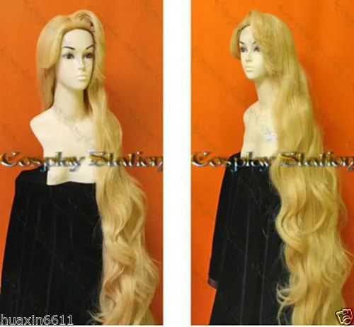 100% helt ny högkvalitativ modebild full spetsar peruker150cm Hot Sälj Om Cosplay Rapunzel Anpassad Styled Golden Blonde Long Wavy Wig