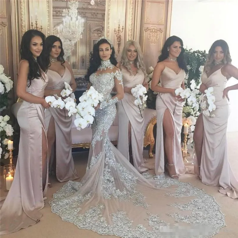 Luxury High Neck Mermaid Wedding Dresses 2020 Silver Crystal Applique Long Sleeves Bridal Gown For Arabic Women Plus Size Wedding Gowns