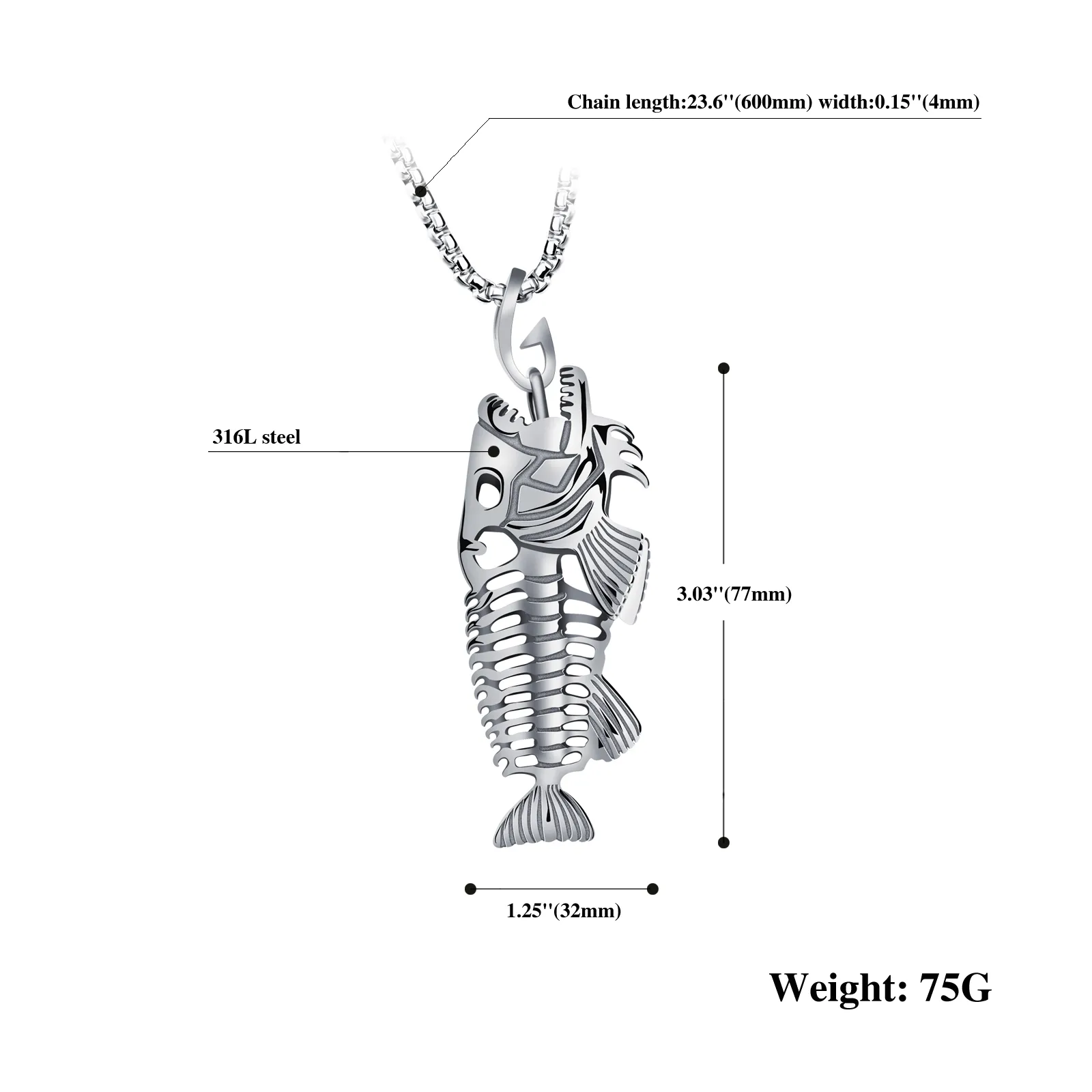 Ciondolo motociclista scheletro di pesce pesante Collana in acciaio inossidabile nero oro argento Nuovo con catena Rolo 4mm 24 2495