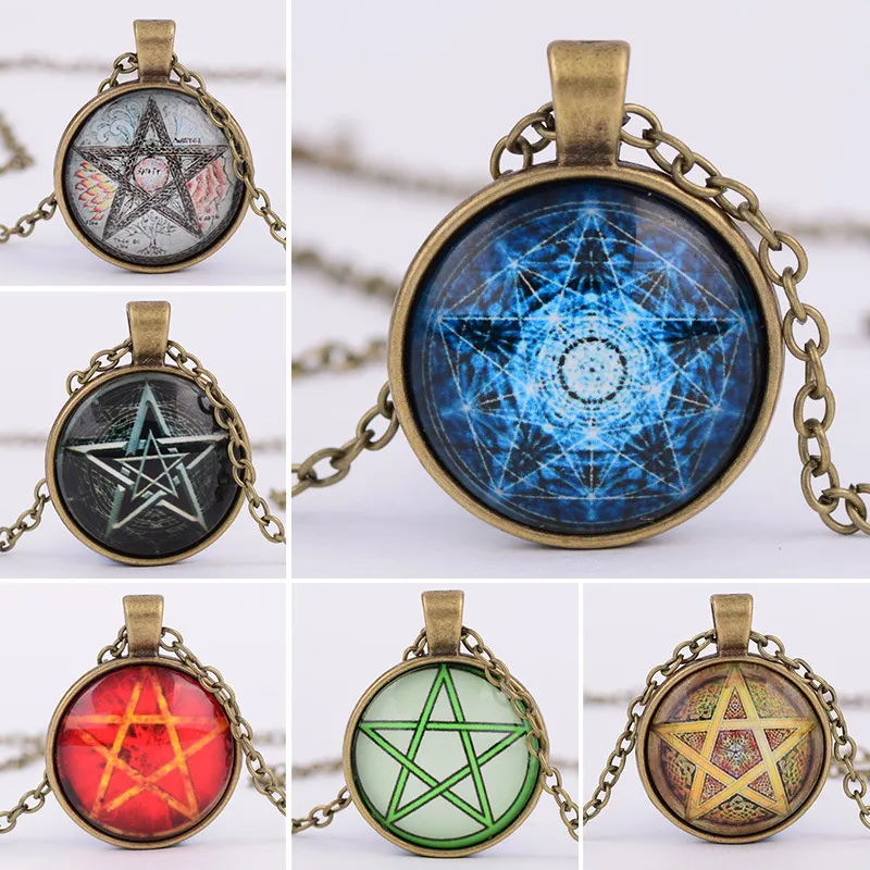 Fashion Vintage mysterious Pentagram circle Glass Lockets pendant Necklaces For women and men Unisex witchcraft Necklace Jewelry Gift