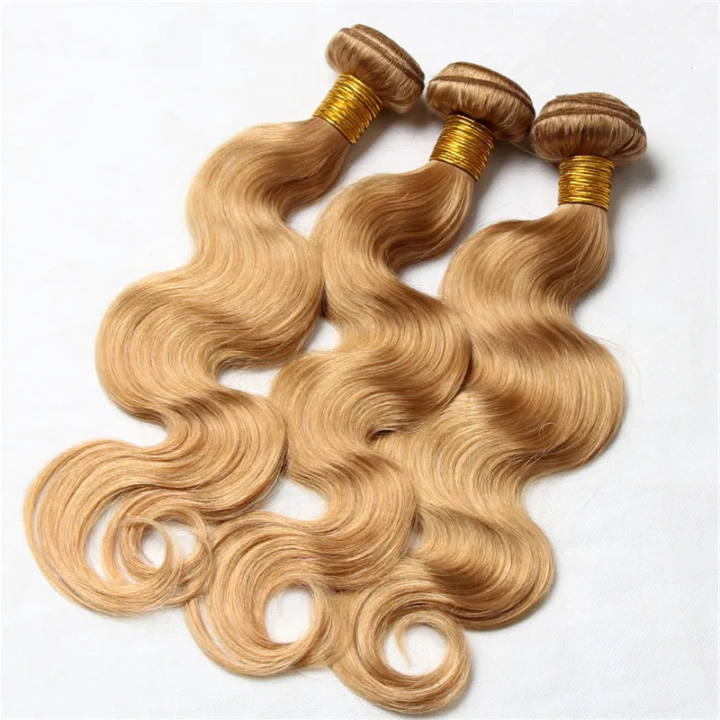 Brasiliansk honung blond kroppsvåg hår väv med spetslås 27 jordgubb blond human hår buntar med tre mitten 3 del topp stängning