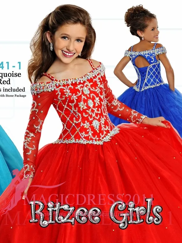 2020 de Ritzee Pageant Girl Dresses frisados ​​Ruffles Tulle vestido de baile até o chão Real Flor azul da menina Vestidos Quinceanera