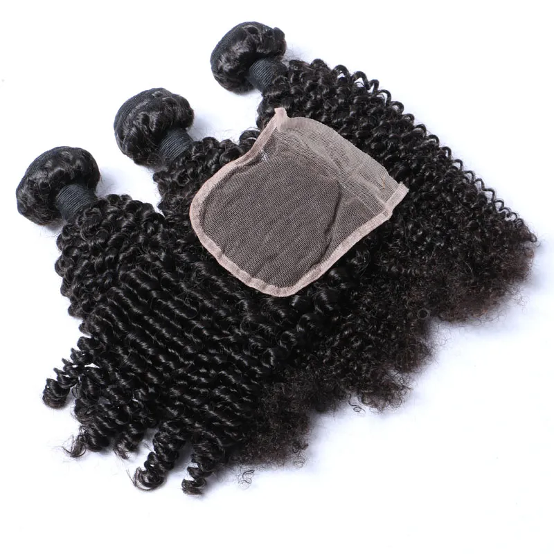 アフロの変態カールブラジルの髪の束と閉じた人間の髪の織り巻き4x4自由な部分自然な色1b黒