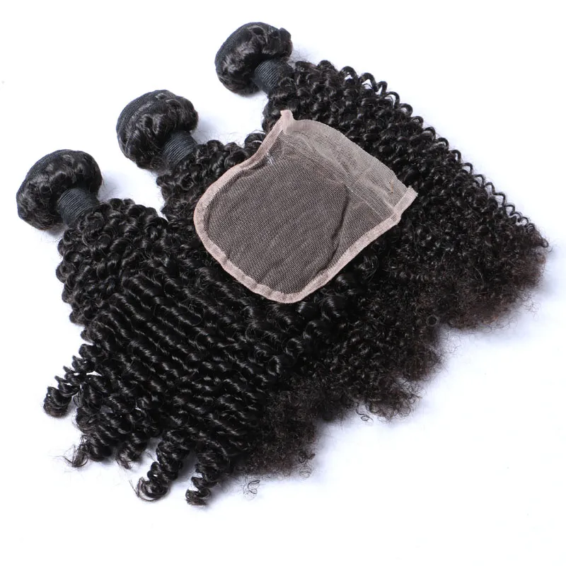 Afro Kinky Curl Bundles de cheveux brésiliens avec fermeture Tissage de cheveux humains Fermeture 4x4 Partie libre Couleur naturelle 1B Noir