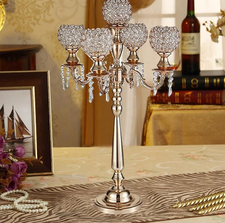 10 sztuk Złoty Srebrny Kolor 5 Arms Crystal Candelabra Tabela Centerpieces Świecznik Świecznik Do Wesele Dekoracji Home Decor Candle Holder