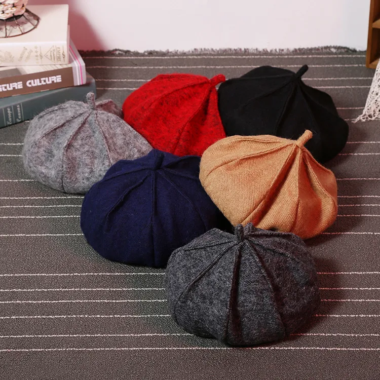 Élégant laine feutre béret rétro laine artiste béret chapeaux plat peintre casquettes pour femmes 6 pcs/lot livraison gratuite
