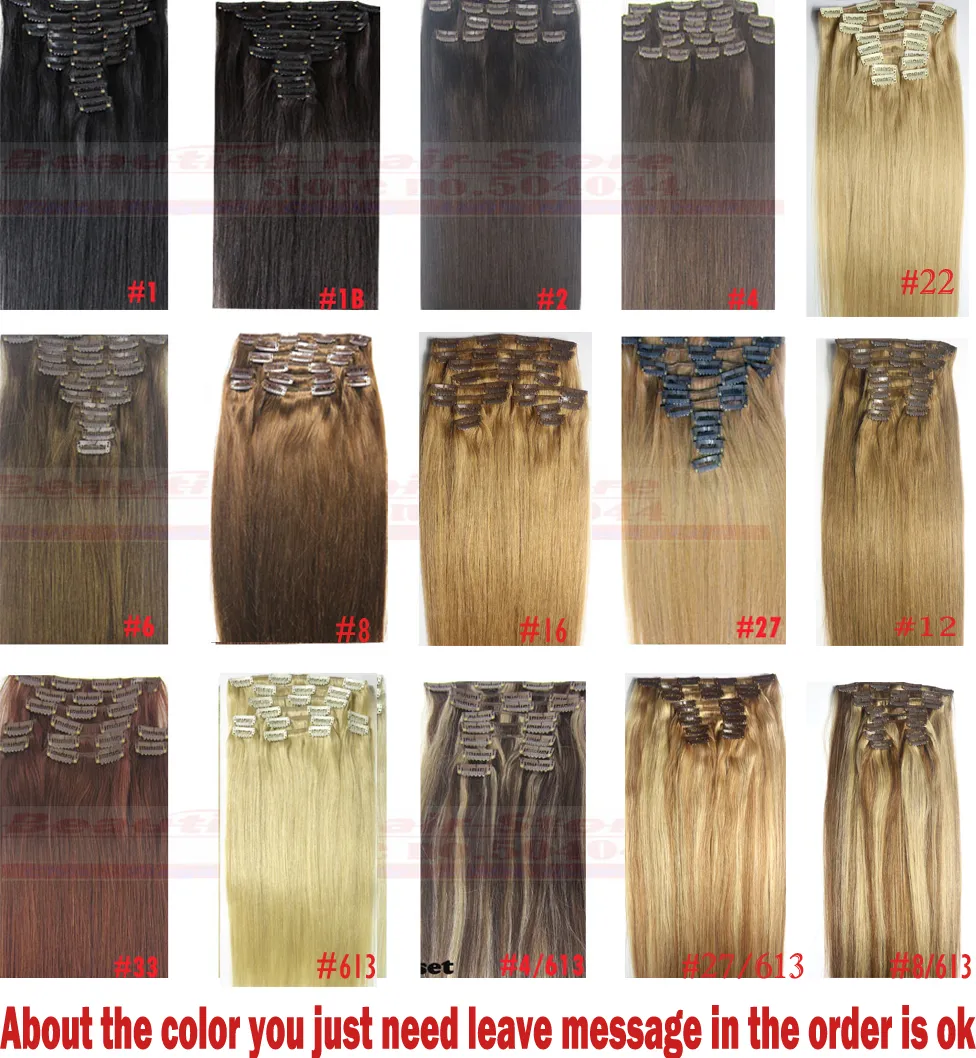 16"-32" 10pcs set 120g-220g Clips in/on 100% Brazilian Remy Human Hair Extension Full Head Natural Straight