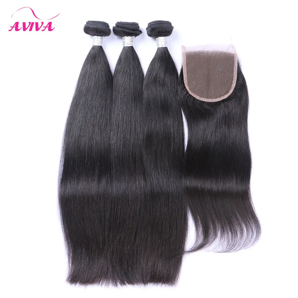 Brazilian Virgin Hair Weaves With Closure Size 4x4 Lace Closures With 3 Bundles Unprocessed Brazilian Straight Remy Human Hair Weft