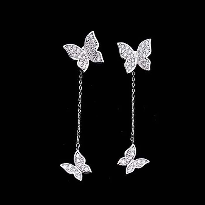 Cute Butterfly Dangle Stud Earrings for Women Zirconia Crystal Prong Setting Front and Back Post Earrings Long Tassel 925 Silver Wedding Jewelry Gift