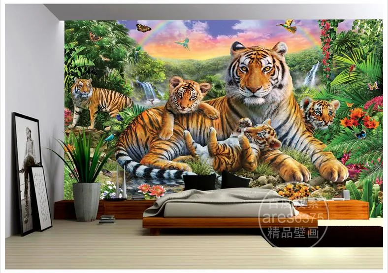 High End Benutzerdefinierte 3d Fototapete Wandbilder Tapeten Tropischer Regenwald Tier Tiger Pflanze Wald Wasserfall Schmetterling Wand Wohnkultur