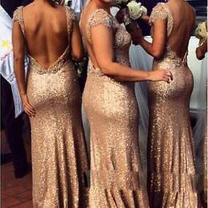 Shiny Cheap Champagne Sequins Bridesmaid Dresses With Cap Sleeves Floor Length Custom Made Plus Size Backless Bridesmaid Dress Prom Dresses