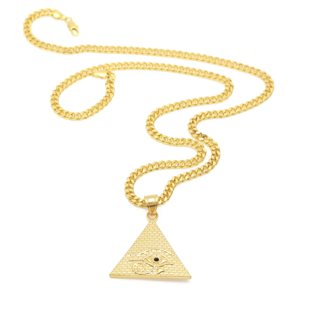 Collier pendentif pyramide égyptienne antique Eye Of Horus Collier Hip Hop Illuminati avec chaîne gourmette cubaine Miami de 27 pouces