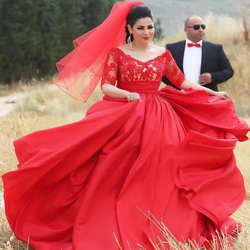 DiscountLong Sleeve Wedding Dresses Red Bridal Gown Appliques Elegant ...