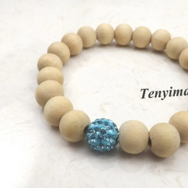 Stretchy 10mm Original Farbe Holz Perlen Armband mit Lake Blue Strass Bead für Geschenk Pack von 