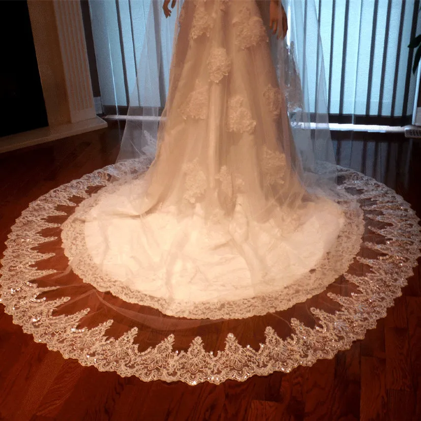Shining Tulle Cathedral Wedding Veils Three Meters Long With Applique Trim Sequins One Layer Custom Made Cheap Lace Bridal Veil