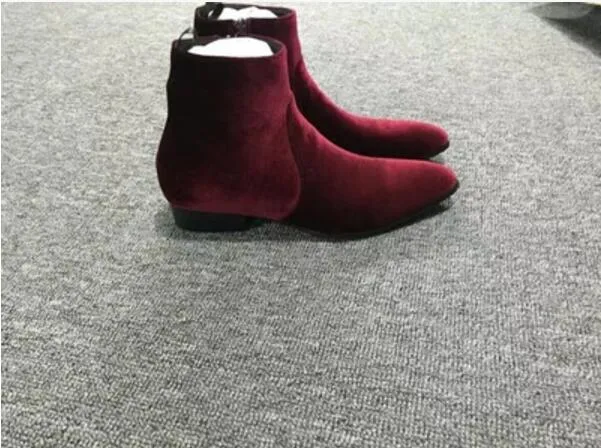 2017 nouveaux hommes bottes en velours de haute qualité vin rouge chaussons mâle bout pointu talon bas mujer botas chaussures de fête bota mâle