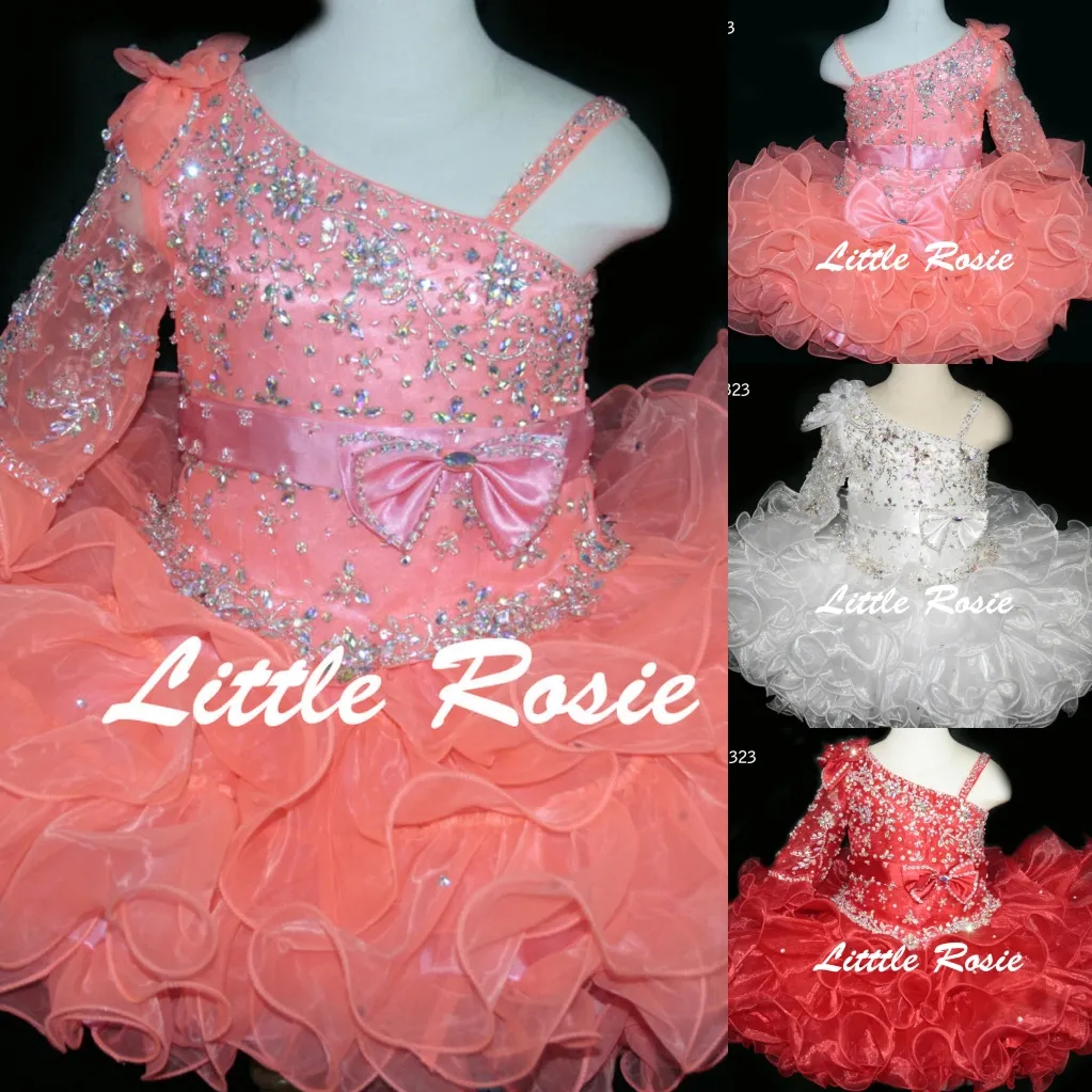 Bling Bling Little Rosie Baby Girls Pageant Klänningar 2019 BR1323 Ruffles Kjol Coral Cupcake Glitz Toddler Pageant Klänningar med en långärmad