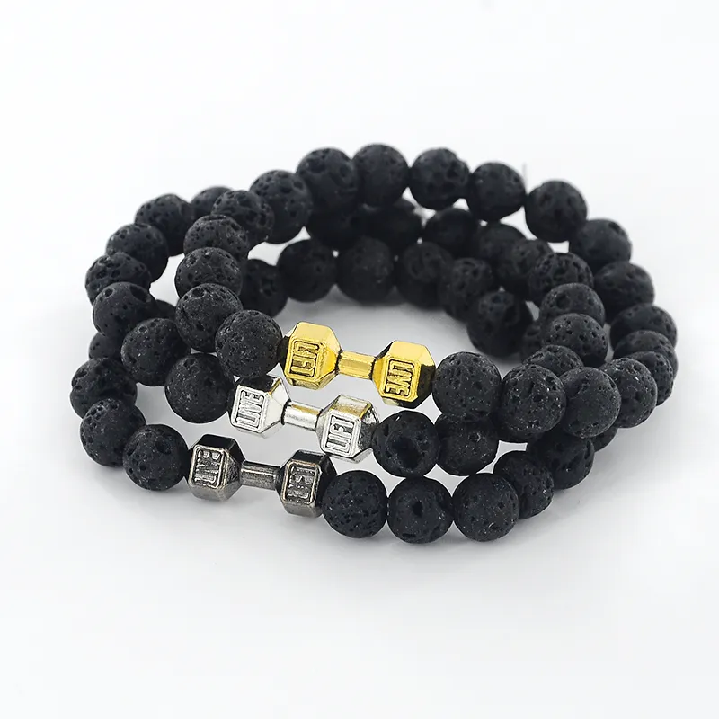 Natural Black Volcanic Lava Stone Dumbbell Bracelet Black Matte Beads Bracelets For Women Men