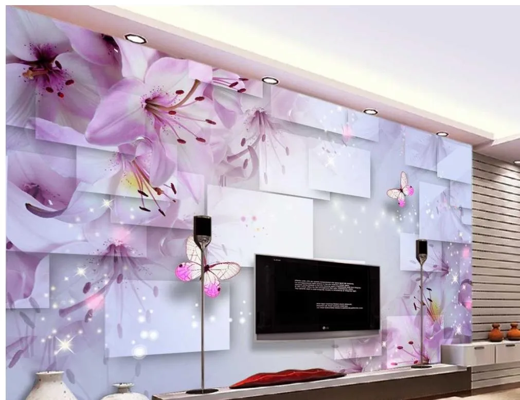 Rosa Lilien-Traum 3D Wallpaper für Raum-Blumen-Schmetterlings elegante romantische Kulisse Wand 3D Wallpaper angepasst