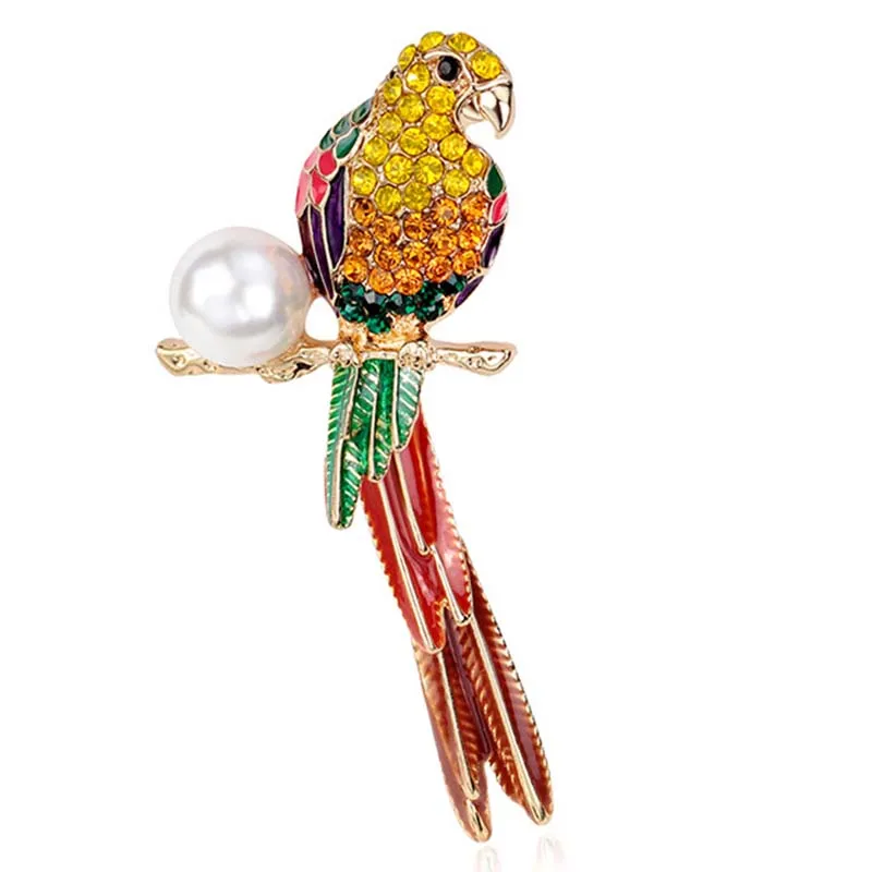 Animal lindo cristal esmalte perla loro broche pájaros broches para mujeres multicolor diamantes de imitación chapado en oro joyería fina