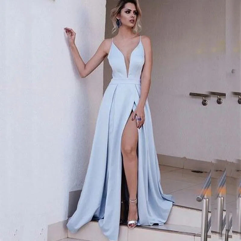 Simple Elegant Dresses A Line Spaghetti Straps Deep V Neck Formal Dresses Evening Gown Light Blue Ruched Prom Dress Custom Made