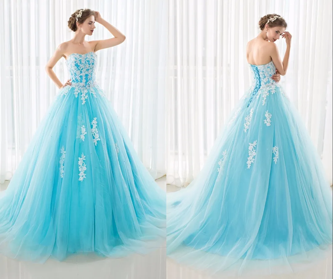 Economize muito em Vestido De Noiva De Trem De Tule Blue And White Wedding  Dresses Ball Gown Court Train Tulle With Applique Beaded Sweetheart Women 