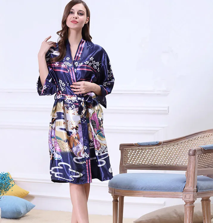 Women Japanese Yukata Kimono Nightgown Print Floral Pattern Satin Silk Vintage Robes Sexy Lingerie Sleepwear Pijama263K