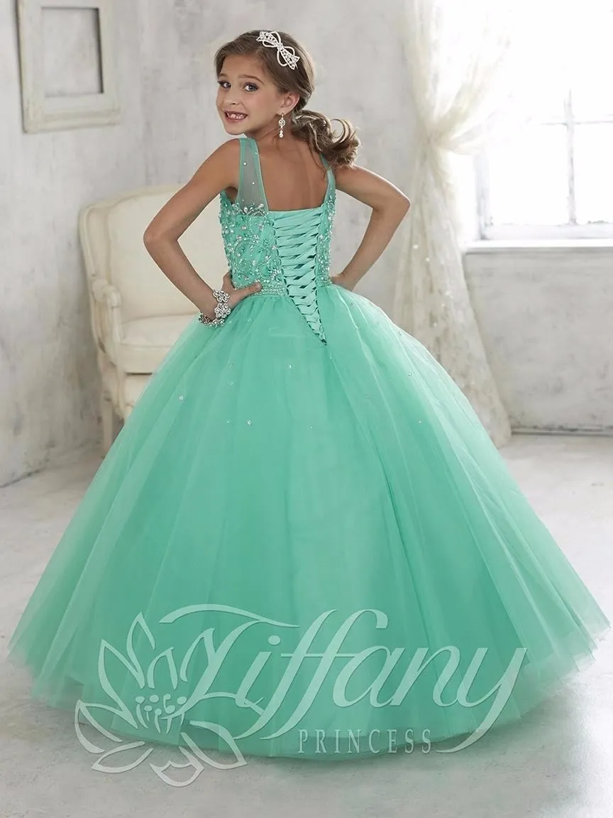 Gorgeous Communion Christmas Pageant Dresses for Girls Tulle Beaded Crystal Ball Gown Lace Up Tulle Mint Green Flower Girl Dresses Cheap