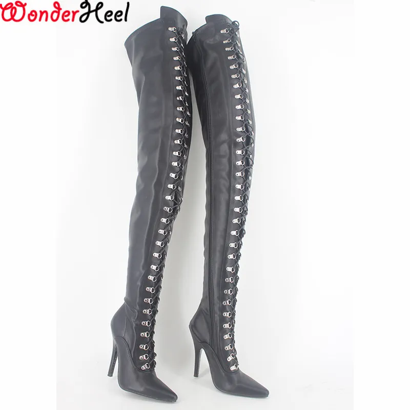 Wonderheel Aşırı Yüksek Topuk 12 cm Stiletto Overknee Çizmeler Mat Uyluk Yüksek Çizmeler Seks Fetiş Yüksek Topuk Lace Up Crotch Botlar