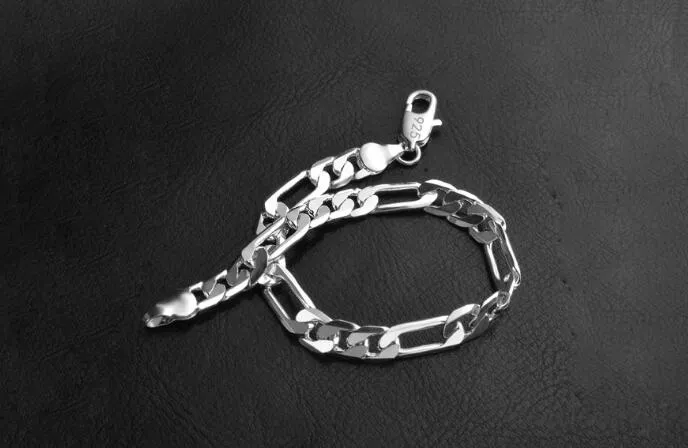 Traditionskedja Högkvalitativ topp Försäljning Plating Mäns Smycken 925 Silver 8mm Flat Figaro Chain Armband Mäns Armband 20cm 10st