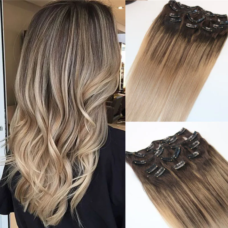 # 4 / # 18 7PCS 8A 120gram كليب براون الشعر في الإنسان أومبير الظلام الجذر لالرماد شقراء BALAYAGE يسلط الضوء على تصفيفة الشعر