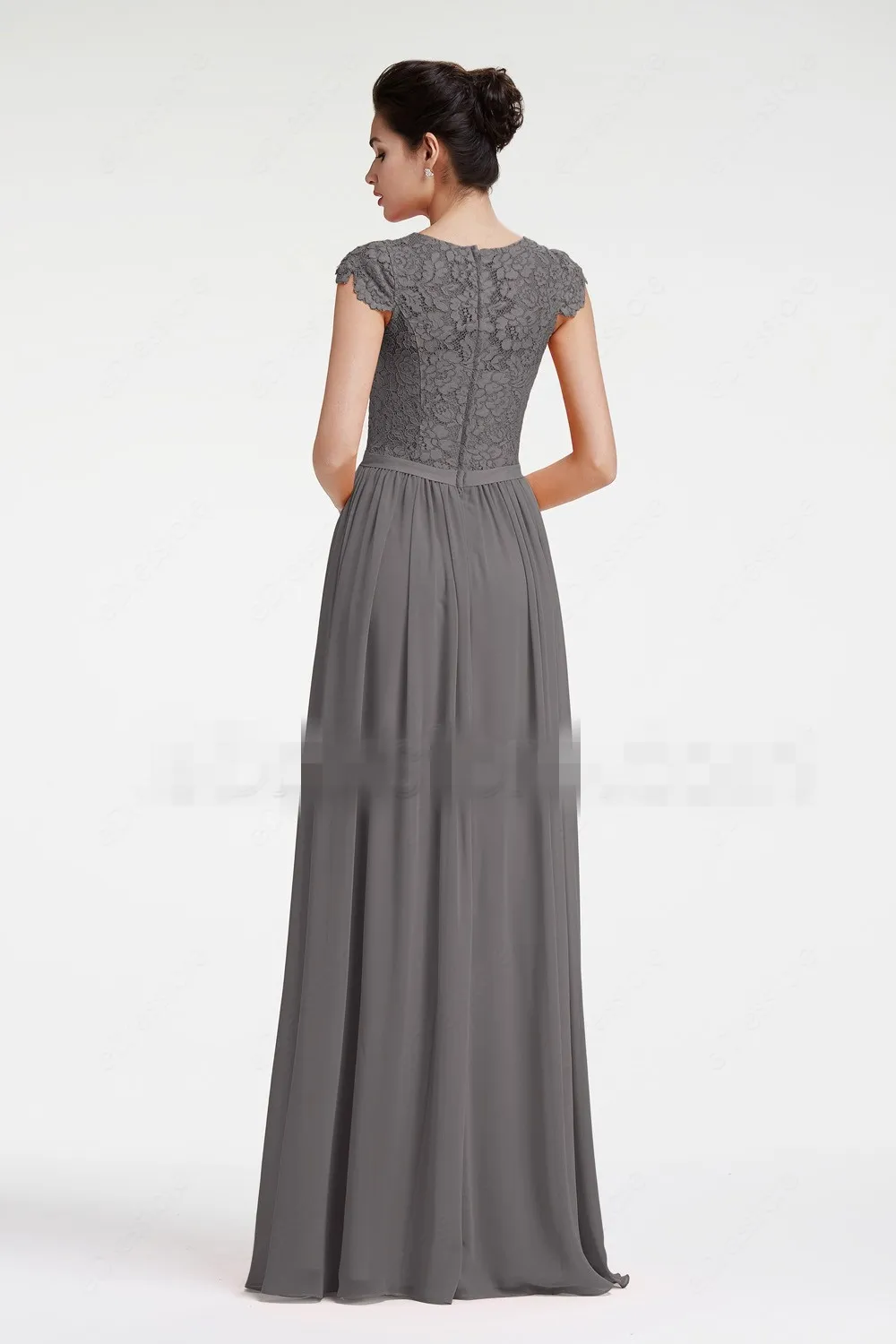 Beach Long Modest Bridesmaid Dresses With Cap Sleeves Grey Lace Chiffon Country Summer Wedding Party Gowns Maids of Honor Dress 2019