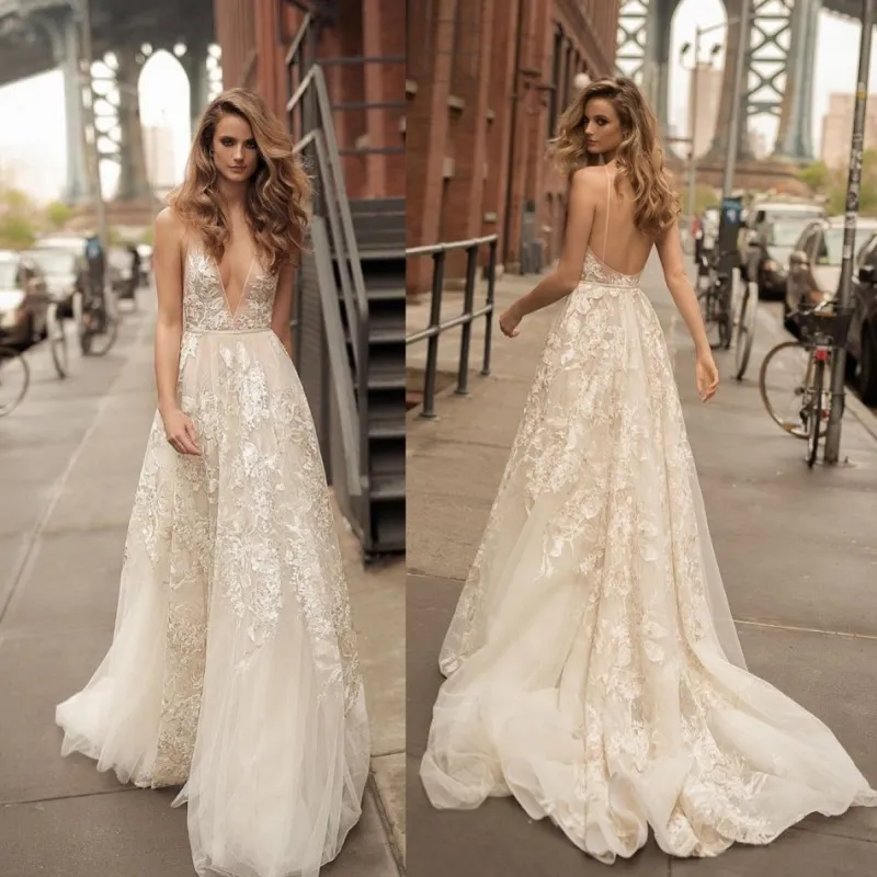 Berta 2017 Beach Wedding Dresses Sexy Spaghetti Plunging Neckline Backless Bridal Gowns Lace Appliqued Plus Size Wedding Dress