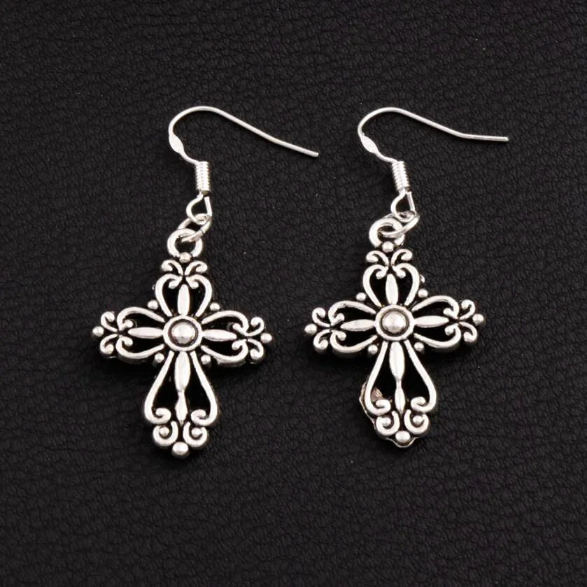 Filigree Heart Cross Dangle Chandelier Earrings 925 Silver Fish Ear Hook 30pairs/lot E425 20.5x45.3mm