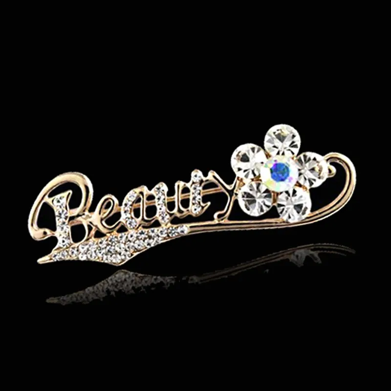Shiny Crystal Rhinestone Beauty Flower Brooch 18K Gold Plated Letter Brooch for Women Scarf Pins Wedding Bride Bouquet Brooches Xmas Gift