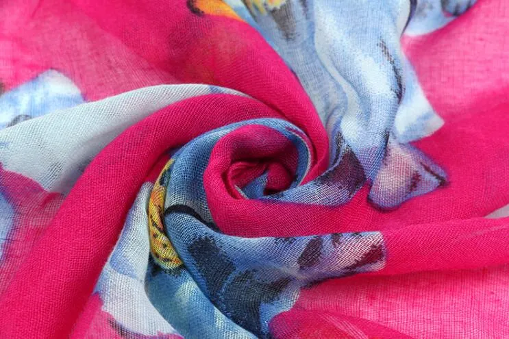 Ny design Florial Voile Bomull Scarf Ljusfärg Stor blomma Skriv ut halsduk Storstorlek Långrakor för Kvinnor Scarfs 6 färger DHL Gratis