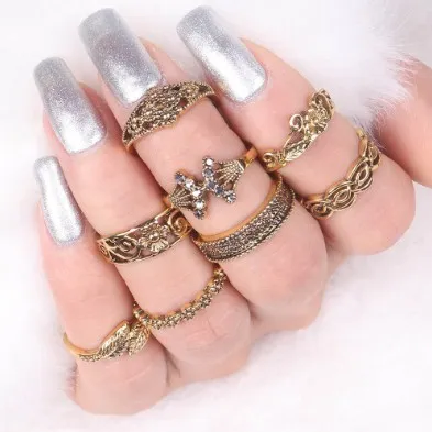 Vintage ring sets antiek zilver / goud gevuld olifant, gegraveerd uitgesneden blad 8 stks Womens Knuckle ring sets vingernagel ring sets