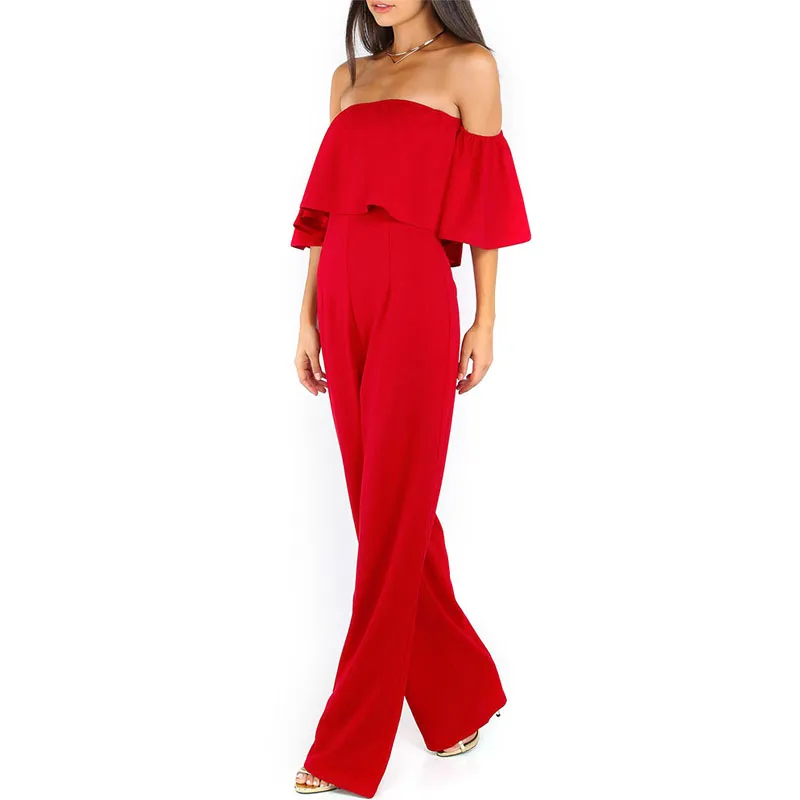 Partihandel - Kvinnor Av Skulder Jumpsuit Romper Sexig Kortärmad Jumpsuit Chiffon Rompers Womens Jumpsuit Wide Legs Playsuit Övergripande Macacao