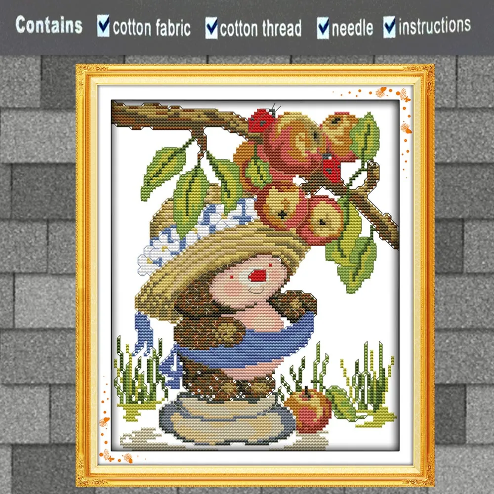 The hedgehog picking apples animal room decor painting Handmade Cross Stitch Craft Tools Embroidery Needlework sets counted print on canvas DMC 14CT /11CT