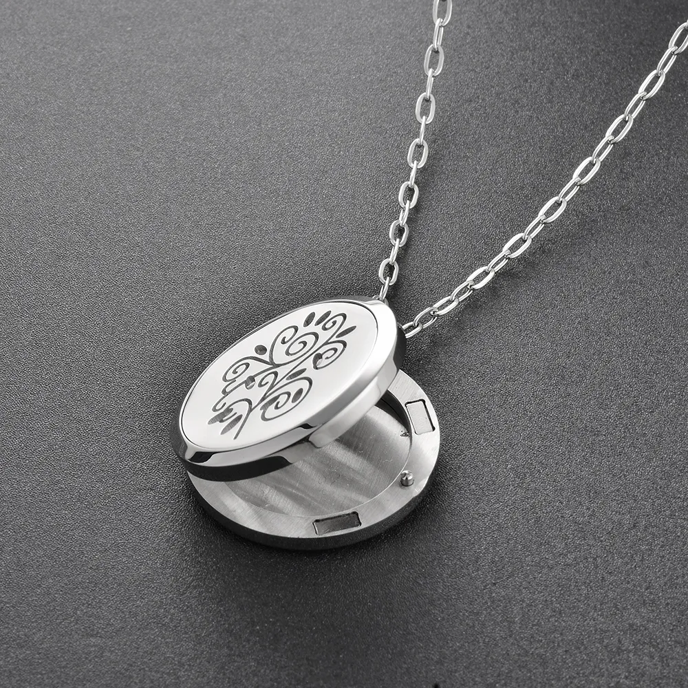 ijp0127 Plant Pattern Engrave Round Locket Stainless Steel Necklace Women Perfume Diffuser Locket with Free Pads Gift for Friend