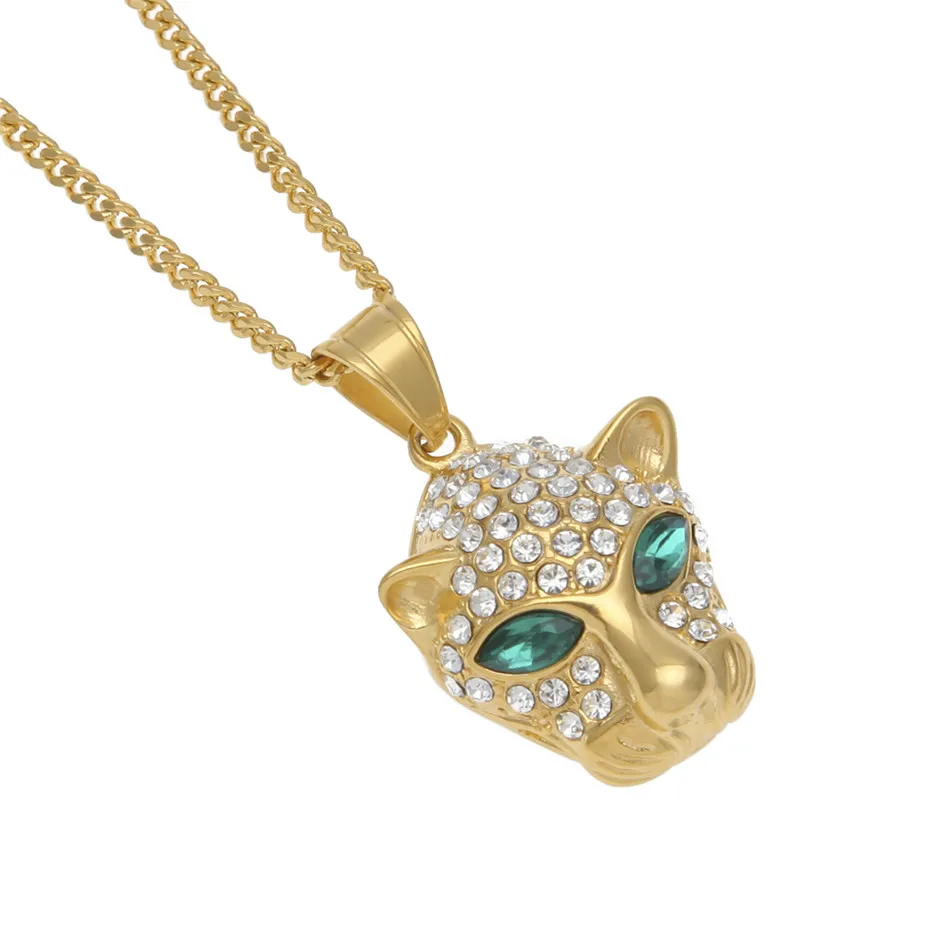 Mens Stainless Steel Gold Leopard head pendant Iced Out Bling Rhinestone Crystal Animal Pendant Fashion Hip Hop Jewelry2136