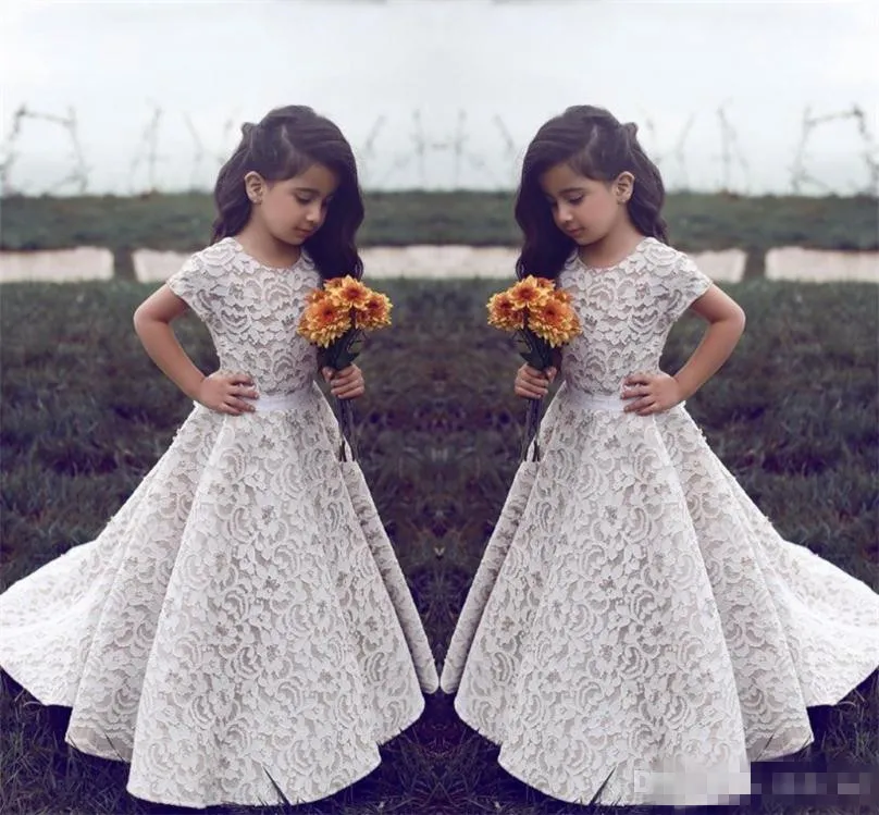 .Lace Flower Girl Dresses For Wedding Vintage Jewel Short Sleeves A Line Girls Pageant Sweep Train Kids Birthday Prom Dress Formal Wea