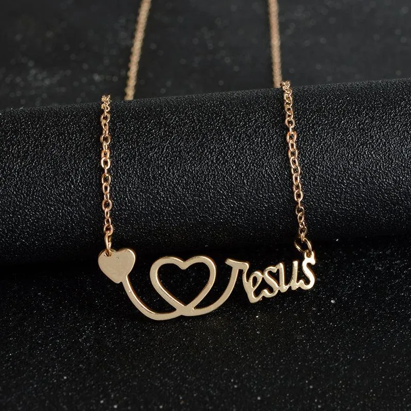 Eu amo jesus colar prata rosa ouro coração estetoscópio pingentes acredita moda jóias para mulheres presentes jóias homens