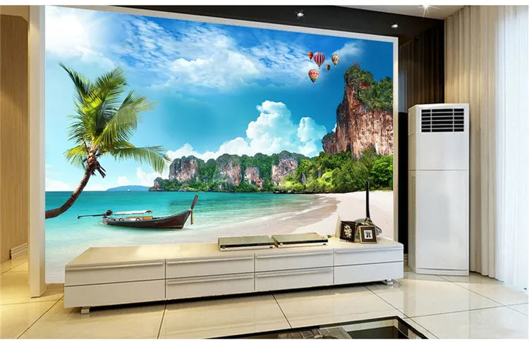 Papier peint po personnalisé, grands autocollants muraux, plage, cocotiers, ciel bleu, nuages blancs, paysage d'île, 272j6093380